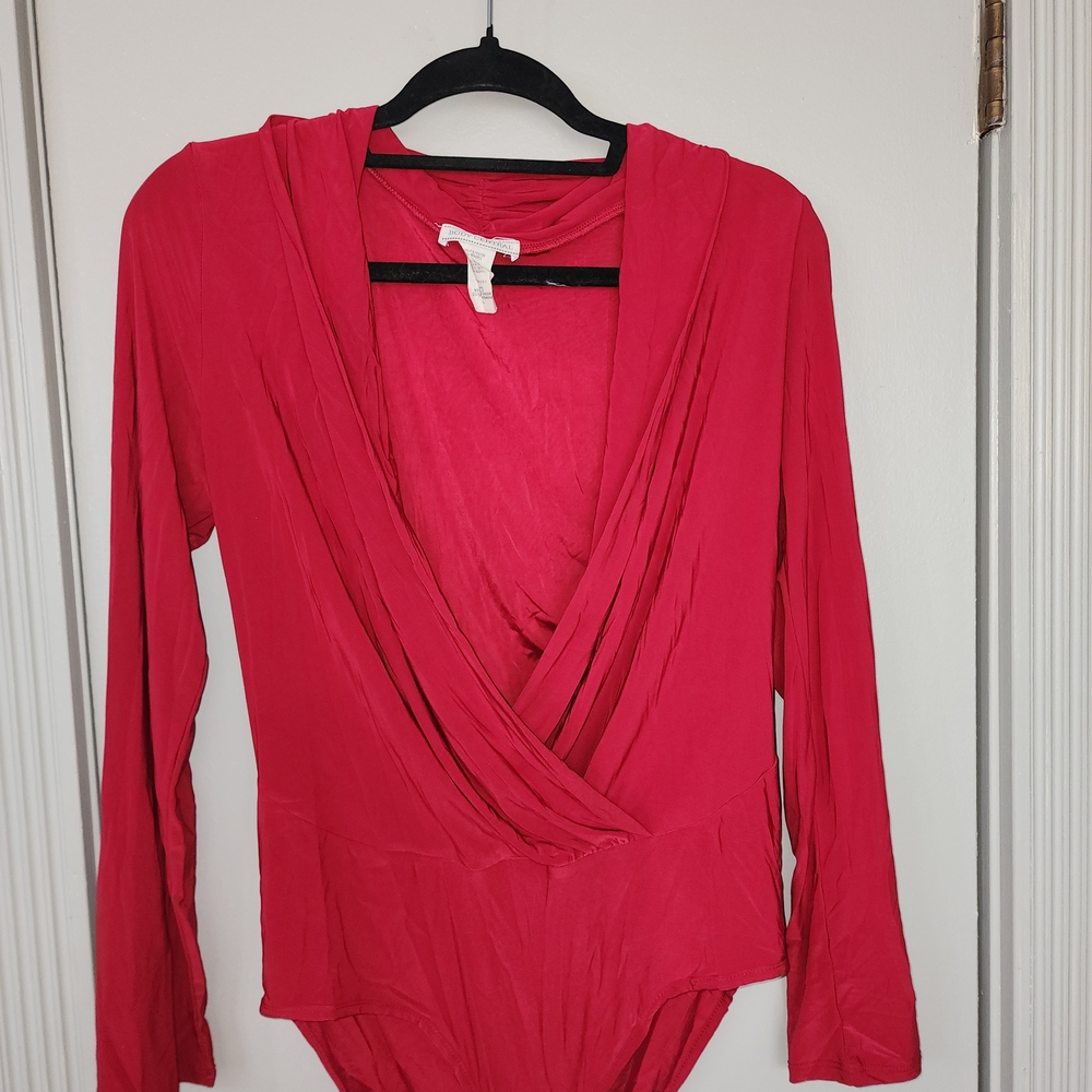 Body Central Fuchsia Draped Faux-Wrap Long Sleeve Bodysuit